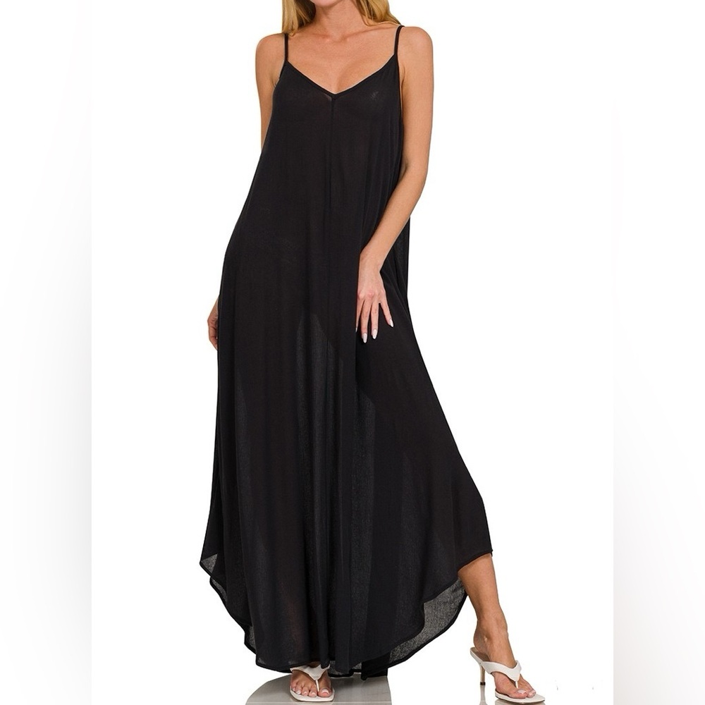 NWT Zenana Black Woven Crinkle Cami Style Maxi Dress with Pockets